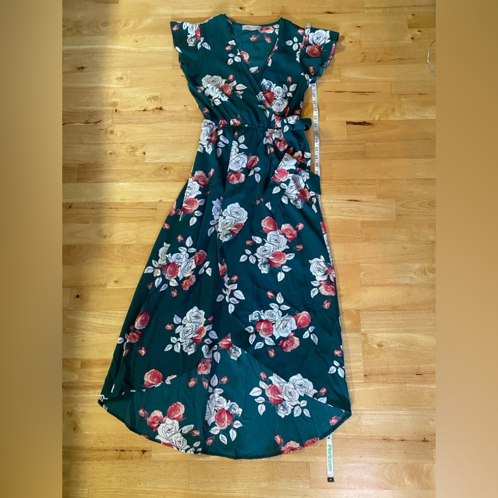 Dream of Me brand faux wrap green floral Hi-Lo dress